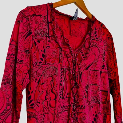复古 Y2K Lynn Ritchie 真丝上衣 M 红色黑色毕加索艺术风格衬衫褶边 — 第 1/4 张图片