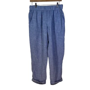 Rachel Roy Pants Women’s Medium Blue 100% LINEN Cropped Elastic Waist Pockets - Picture 1 of 8
