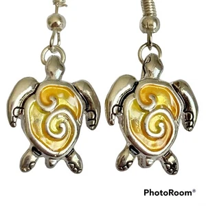 Sea Turtle Earrings Silver Plated Nautical Island Sea Life Pierced Yellow Orange - Picture 1 of 11