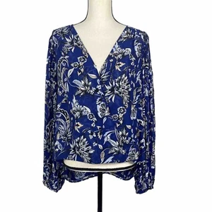 White House Black Market Navy Deep V Blouse Womens 12 Blue White Bishop Sleeve - Picture 1 of 11