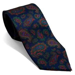 Hand-Printed Navy Blue / Red Paisley Silk Tie (Handmade in England) - Picture 1 of 4