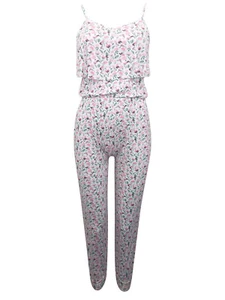 Girls White Multi Floral Printed Frill Soft Jersey Adjustable Strappy Jumpsuits - Picture 1 of 4