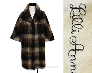 Lilli Ann Coat - 60s Brown & Black Checked Shaggy Silky Mohair - French Fabric - Picture 1 of 10