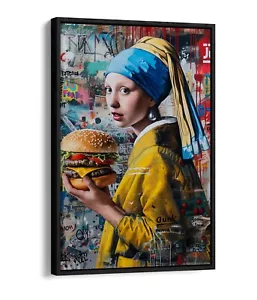GIRL WITH PEARL EARRING WITH A BURGER -FLOAT EFFECT FRAMED CANVAS WALL ART PRINT - Picture 1 of 12