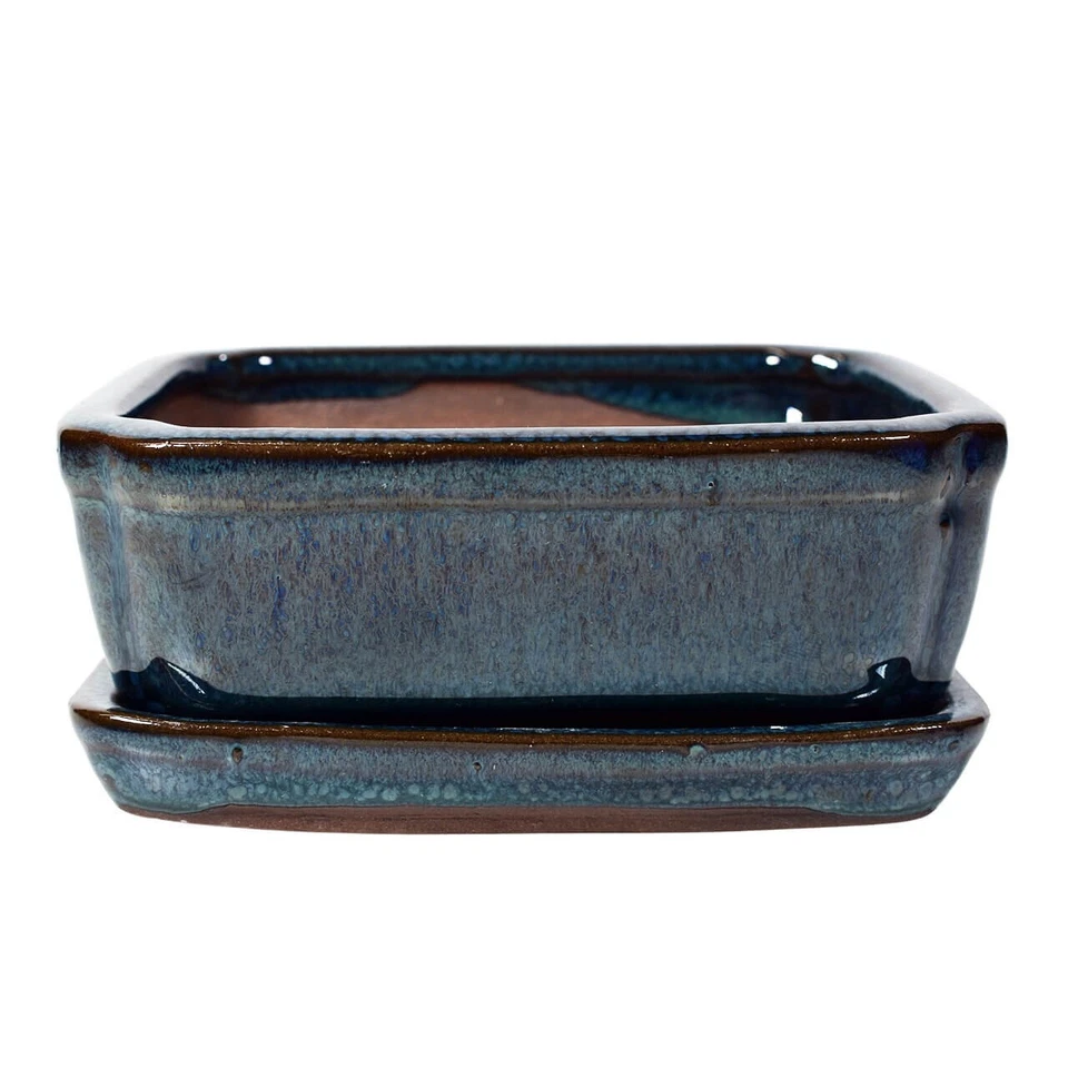 Blue Bonsai Pot & Drip Tray | 120x100x45 | Glazed Ceramic Pot | Rectangle - Image 1 of 1