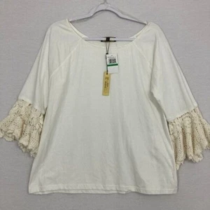 New Melissa Paige White Whipped Cream Lace Sleeve Stretch Comfy Knit Top Large - Picture 1 of 10