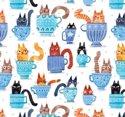 GATOS DE JARDIM em xícaras de chá ~ Copos azuis, gatinho colorido ~ Terry Runyan para Benartex - Imagem 1 de 2