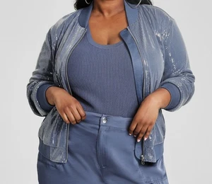 Nina Parker Women's Blue Sequined Bomber Jacket Plus Size 2X - Picture 1 of 1