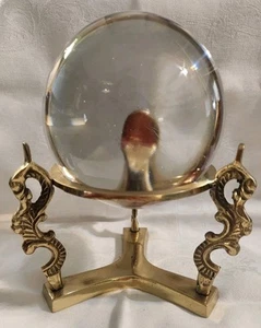 Antique Vintage 4.25" Clear Crystal Gazing Ball With Brass Dragon Stand - Picture 1 of 6