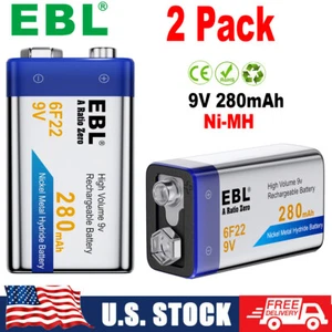 2x EBL 280mAh 9V Batteries 6F22 Ni-MH Nickel Metal Hydride Rechargeable Battery - Picture 1 of 12