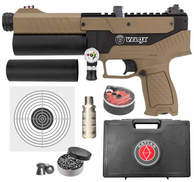 Hatsan Velox .25 Cal Side Bolt PCP Air Pistol FDE w/ Pellets and Targets Bundle - Image 1 of 4