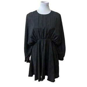 ZARA Womens Black Voluminous Satin-Effect Button Dolman Sleeve Mini Dress Size S - Picture 1 of 7