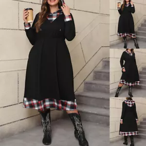 Plus Size Womens Check Skater Dress Long Sleeve Party Swing Dresses Costume - Picture 1 of 20