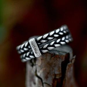 Retro Silver Double Wheat Chain Ring Stainless Steel Vintage Men's Biker Ring - Picture 1 of 1