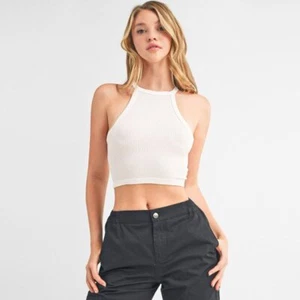 Camisa recortada de cuello alto acanalada sin manchas - Imagen 1 de 3