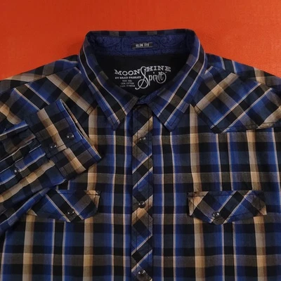 Brad Paisley Moonshine Spirit Men's 2XL Western Pearl Snap Slim Fit Shirt Plaid - Image 1 of 4