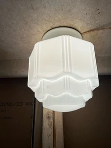 Antique Art Deco Vtg 8” Milk White Glass Ceiling Skyscraper 3 Tier Light Fixture - Picture 1 of 18