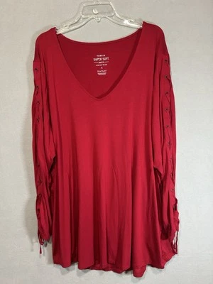 Torrid 超柔软针织女式红色 V 领上衣,尺寸 4X 系带长袖波西米亚 — 第 1/4 张图片