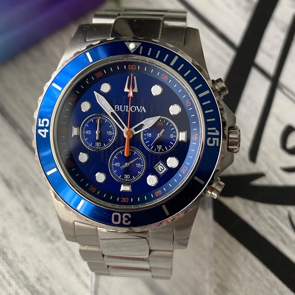 Bulova Watch Mens Chronograph Divers Style Blue Dial All Steel 42mm Case - Image 1 of 4