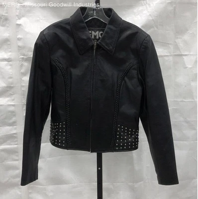 Chaqueta de cuero para mujer FMC negra con tachuelas ropa exterior mediana calidad genuina Foto 1 de 4