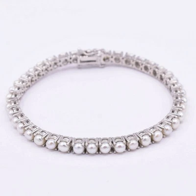 4.3mm Pearl Tennis Bracelet Real 925 Sterling Silver 925 7" - Image 1 of 4