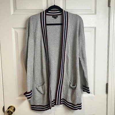 Halogen Gray Varsity Stripe Open Cardigan Duster Pockets Women's Size 1 (14/16) - Image 1 of 4