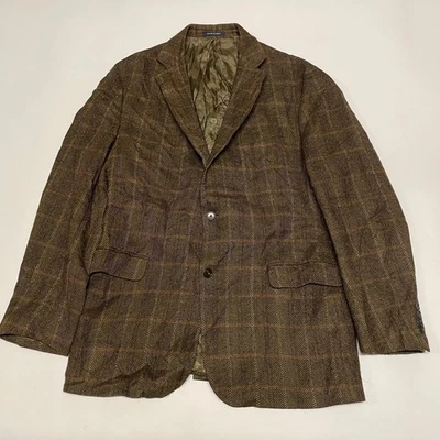 Landsend Tweed Jacket Mens 48L Brown Blazer Lambswool Wool Windowpane Check - Image 1 of 4