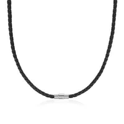 4/6/8MM Mens Black Braided Cord Rope Leather Necklace Choker w/ Magnetic Clasp - Image 1 of 4