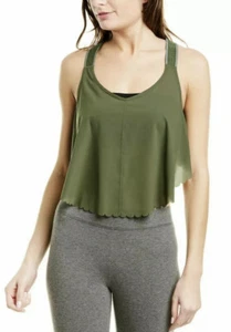 FREE PEOPLE Movement PRETTY LIL RUNNING TOP Cropped Scalloped Hem Green Size MED - Picture 1 of 3