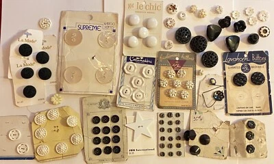 Vintage BLACK WHITE PLASTIC BUTTON LOT old cards lacy pierced deco novelty 100P - Image 1 of 4