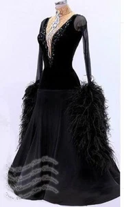 B8331 Pluma Salón de Baile Tango Vals Baile Competición Vestido UK 12 EE. UU. 10 Negro - Imagen 1 de 4
