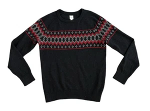 Gap Men’s Sweater Fair Isle Crew Black Red Size Medium Merino Wool - Picture 1 of 10