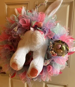 Spring Easter Front Door Wreath Bunny Bottom Decor Deco Mesh Handmade - Picture 1 of 7
