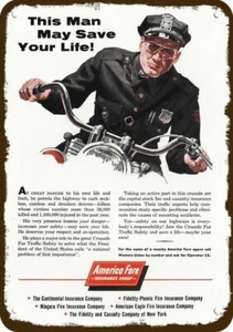 1955 Motorcycle Cop & AMERICAN FORE Insurance DECORATIVE REPLICA METAL SIGN - Picture 1 of 1