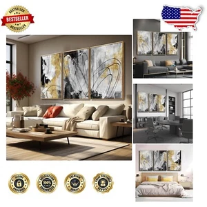 Gold and Black Abstract Canvas Wall Art - Modern 3-Piece Decor 24" x 36" - Picture 1 of 9