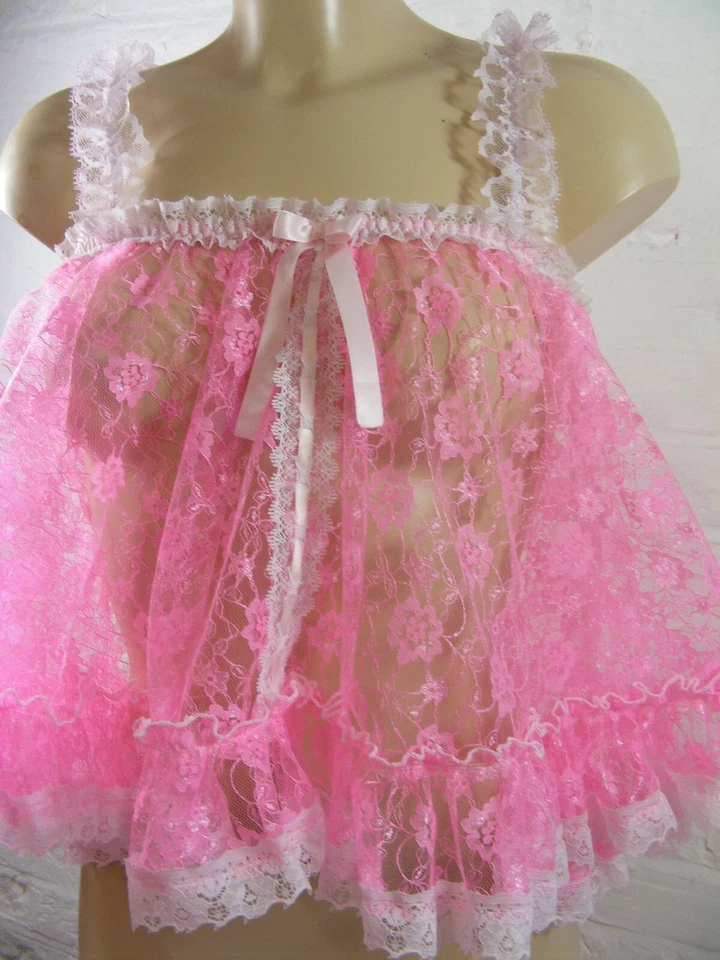 Sissy Rosa Transparente Encaje Camisola Top Lencería Cami Cosplay CD TV Unisex Foto 1 de 4