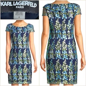 KARL LAGERFELD 8 Embroidered Floral Lace Shift Lined Zip Midi Dress Blue Medium - Picture 1 of 24