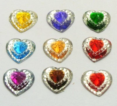 100 Mixed Color Acrylic Flatback Heart Rhinestone Gems 13X10mm Pyramid Cone - Imagem 1 de 4