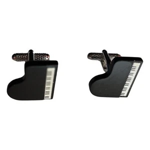 Black Grand Piano top silver-plated torpedo cufflinks in padded gift box - Picture 1 of 2