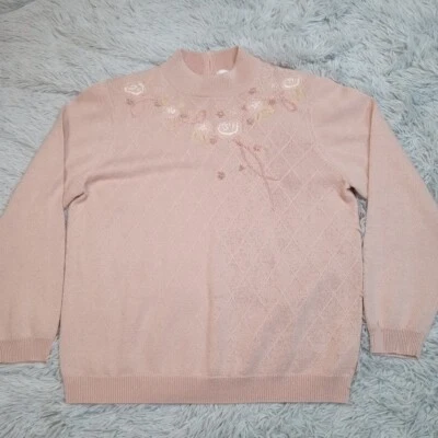 复古 Alfred Dunner 毛衣女式 M 粉色羊毛混纺金属闪亮花卉 — 第 1/4 张图片