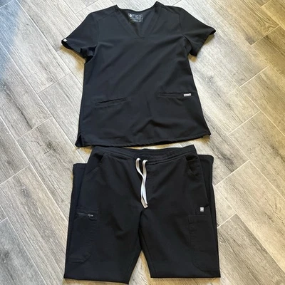 无花果磨砂女式 V 领 2 口袋中号工装裤中号娇小黑色 — 第 1/4 张图片