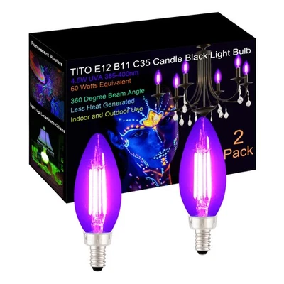 TITO 2 Pack E12 B11 Filament Candle Black Light Bulbs 2 - Image 1 of 4