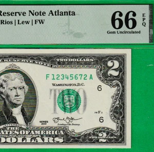 $2  TWO DOLLAR Federal Reserve note LADDER Serial Numbers 1-2-3-4-5-6-7-2 PMG 66 - Picture 1 of 3