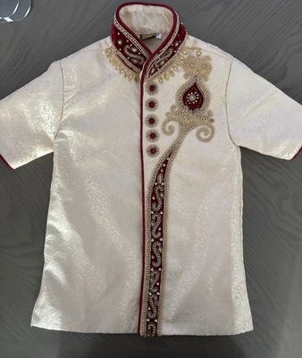 Camiseta bordada jersey para niños blanca/azul elástica manga corta se adapta a 3/4 años Foto 1 de 4