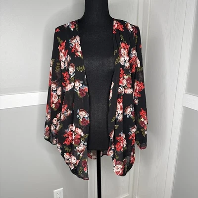 Cárdigan kimono floral ligero transparente negro rojo rosas crema OSFM para mujer Foto 1 de 4