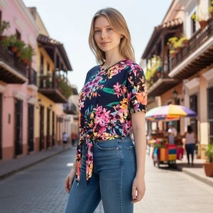 Bellamie Kimono Oberteil Übergröße 2XL marine Blumen vorne zum Binden leicht Damen - Bild 1 von 10