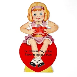 VINTAGE MECHANISCHE GESTANZTE VALENTINSTAGSKARTE MÄDCHEN Essen Kuchen CARRINGTON CO USA - Bild 1 von 7