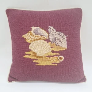 Vintage needlepoint throw pillow seashells nautical cottage country burgundy gol - Picture 1 of 7