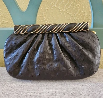 Vintage Barely Used Judith Lieber Exotic Brown Ostrich Leather Clutch Strap Bag  - Image 1 of 4