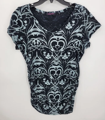 Fresh Produce Top 女式大号黑色灰色艺术波西米亚印花短袖针织 — 第 1/4 张图片